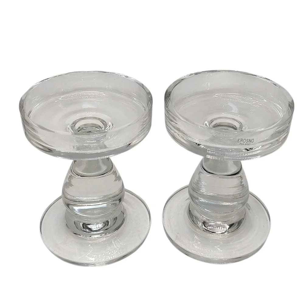 Vintage Krosno Glass Pillar Candle Holder Poland Handmade Crystal Set of Two‎